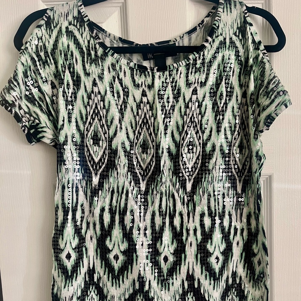 INC International Concepts Black, White and soft lime green Patterned Top